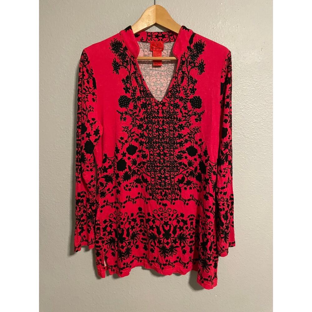 Christina V Women Tunic Large Red Black Floral Studded Stretch V Neck Whimsigoth